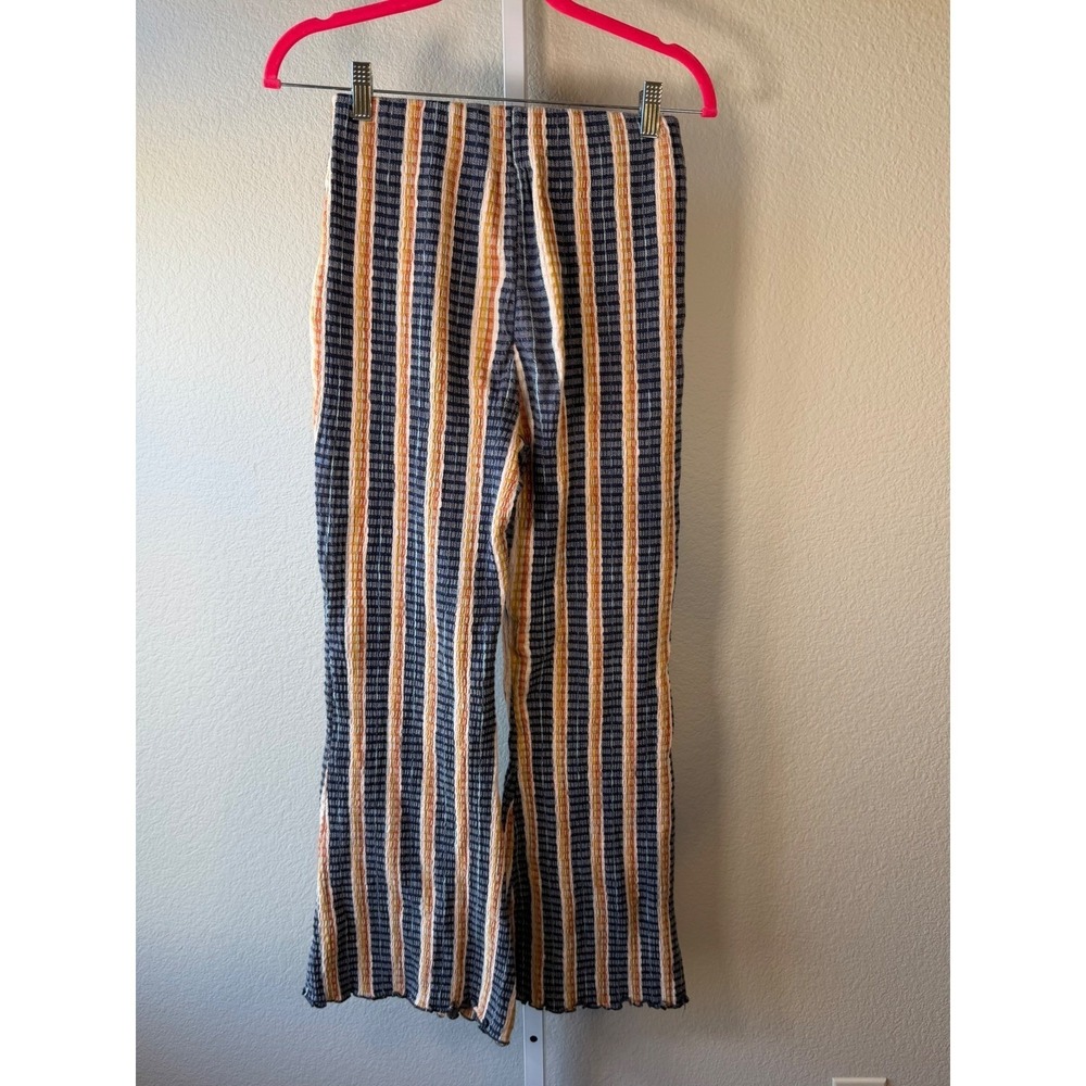 Free People XS Striped Flare Pants Blue Orange Textured High Waist Boho Retro - Picture 6 of 10